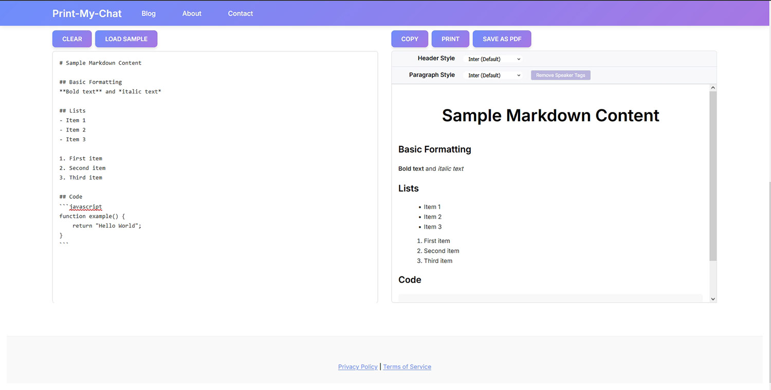 Print-My-Chat Tool Interface